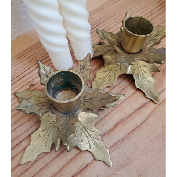 2x VTG Holly Leaf Candlestick Set Brass Candles Holders Taper Christmas Decor - Picture 3 of 6